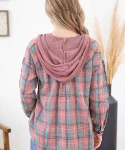 Jodifl Mauve Multicolor Hooded Button Down Flannel