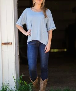 Cherish Tops Pastel Blue Drop Shoulder Thermal Knit Top