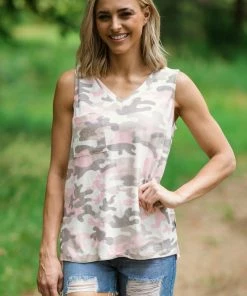 White Birch Baby Pink Multicolor Camouflage Print Tank Tops