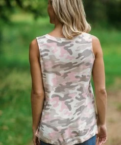 White Birch Baby Pink Multicolor Camouflage Print Tank Tops