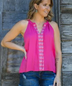 Staccato Hot Pink Tank With Embroidery Detail