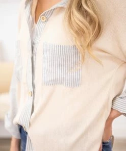 Lovely Melody Cream Rib Knit And Stripe Shacket