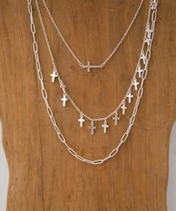 Whats Hot Jewelry Silver Cross Charm Multi Chain Necklace Set Accessories