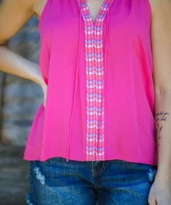 Staccato Hot Pink Tank With Embroidery Detail