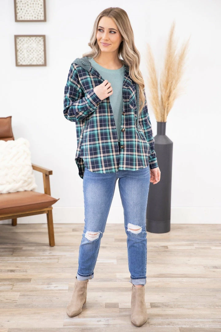 Jodifl Teal Multicolor Hooded Button Down Flannel LONG SLEEVES 5 Jodifl Teal Multicolor Hooded Button Down Flannel LONG SLEEVES