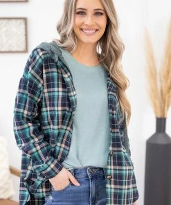 Jodifl Teal Multicolor Hooded Button Down Flannel LONG SLEEVES