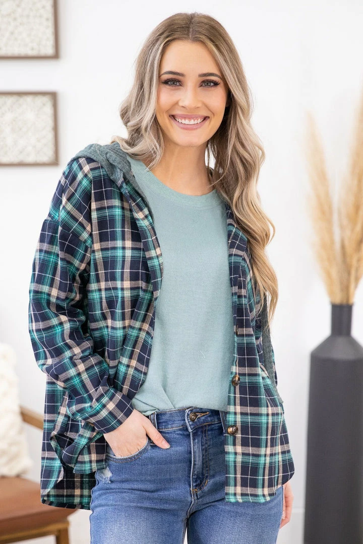 Jodifl Teal Multicolor Hooded Button Down Flannel LONG SLEEVES 4 Jodifl Teal Multicolor Hooded Button Down Flannel LONG SLEEVES
