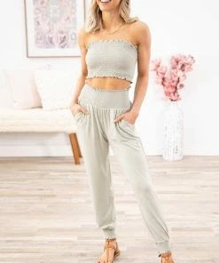 Zenana Bottoms Sage Smocked Tube Top And Jogger Set
