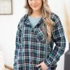Jodifl Teal Multicolor Hooded Button Down Flannel LONG SLEEVES