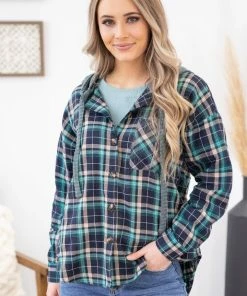 Jodifl Teal Multicolor Hooded Button Down Flannel LONG SLEEVES