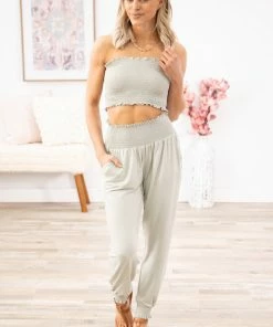 Zenana Bottoms Sage Smocked Tube Top And Jogger Set