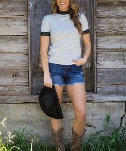 Mark Ashton White And Black Stripe Top With Lace Trim