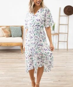 Chris & Carol White Multicolor Floral Print Faux Wrap Dress