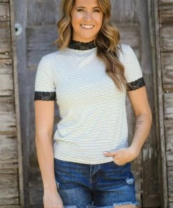 Mark Ashton White And Black Stripe Top With Lace Trim