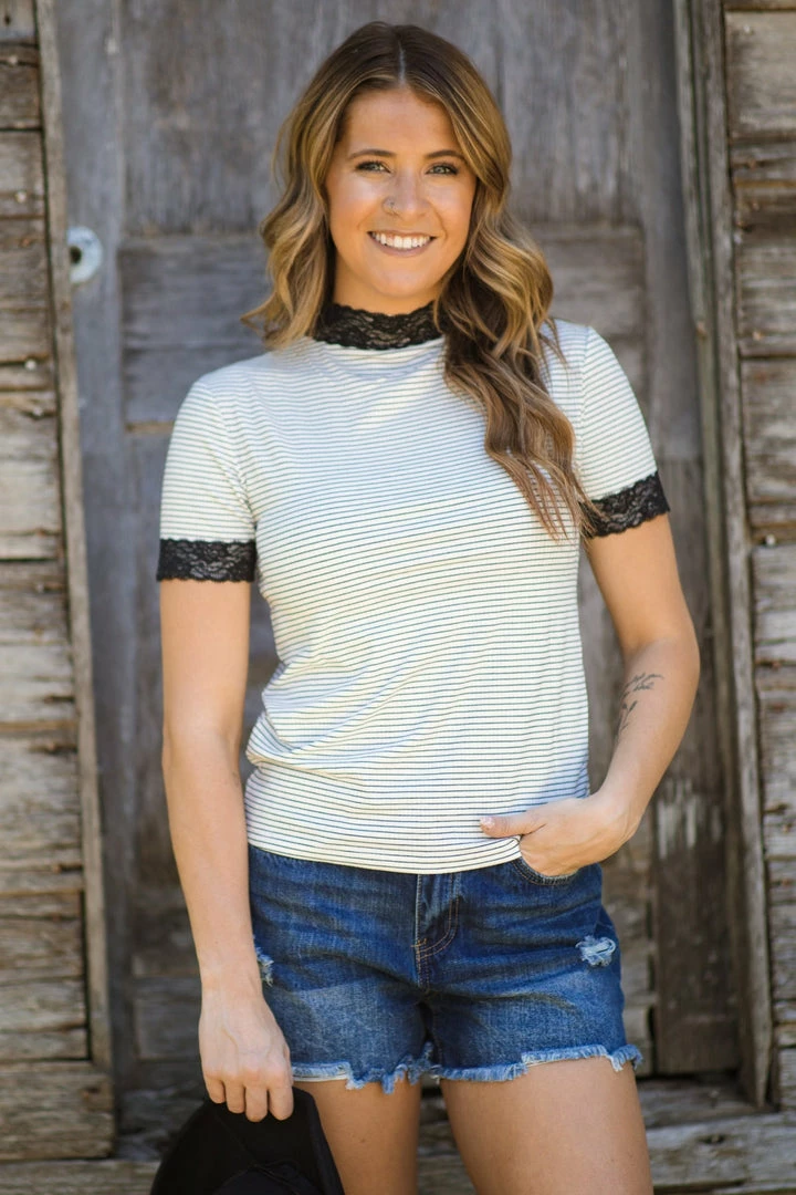 Mark Ashton White And Black Stripe Top With Lace Trim 3 Mark Ashton White And Black Stripe Top With Lace Trim