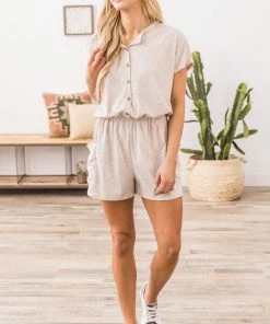Shop Basic USA Dresses Beige Short Sleeve Romper With Buttons