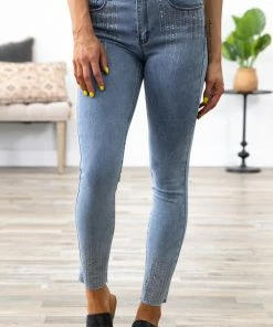 Denim Couture Light Wash Rhinestone Detail Skinny Jeans