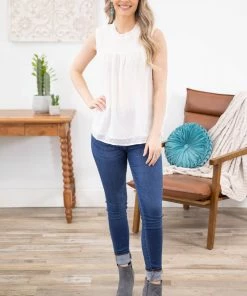 Shewin White Swiss Dot Smocked Yoke Tank TANK TOPS