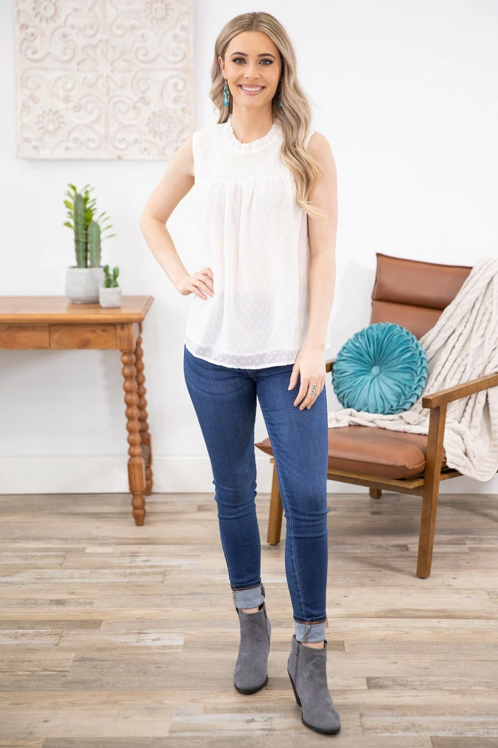 Shewin White Swiss Dot Smocked Yoke Tank TANK TOPS 4 Shewin White Swiss Dot Smocked Yoke Tank TANK TOPS