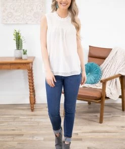 Shewin White Swiss Dot Smocked Yoke Tank TANK TOPS 9 Shewin White Swiss Dot Smocked Yoke Tank TANK TOPS