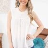 Shewin White Swiss Dot Smocked Yoke Tank TANK TOPS