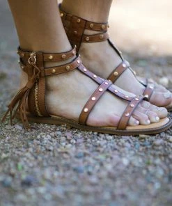 JP Original Corp Cognac Nailhead Detail Sandals With Tassel Shoes