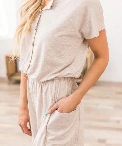 Shop Basic USA Dresses Beige Short Sleeve Romper With Buttons