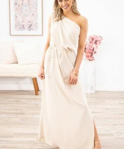 Beeson River Beige Tie Waist One Shoulder Maxi Dress