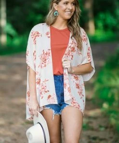IJoah Tops Beige And Rust Floral Print Kimono