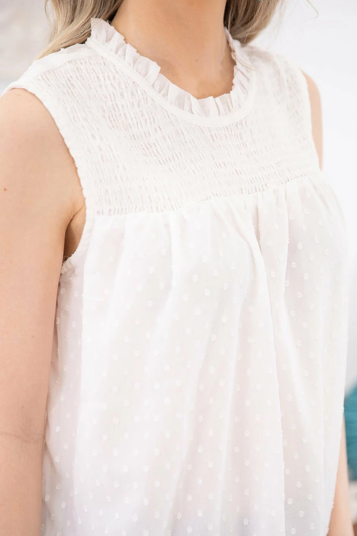 Shewin White Swiss Dot Smocked Yoke Tank TANK TOPS 7 Shewin White Swiss Dot Smocked Yoke Tank TANK TOPS