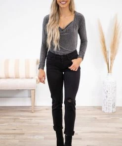 Kori America LONG SLEEVES Black And Silver Snap Closure Bodysuit