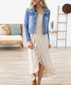 Shop Basic USA Dresses Beige Ruffle Trim Knit Maxi Dress