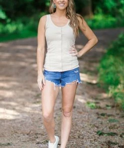 Blumin Apparel Beige Fitted Tank With Snap Buttons