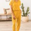 Shop Basic USA Mustard Short Sleeve Jumpsuit With Pockets