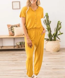 Shop Basic USA Mustard Short Sleeve Jumpsuit With Pockets