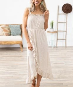 Shop Basic USA Dresses Beige Ruffle Trim Knit Maxi Dress
