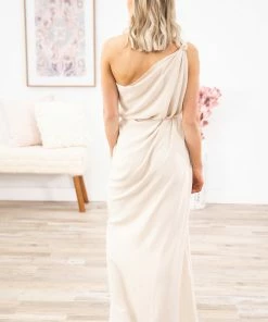 Beeson River Beige Tie Waist One Shoulder Maxi Dress