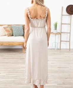 Shop Basic USA Dresses Beige Ruffle Trim Knit Maxi Dress