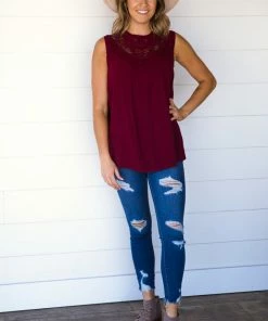Davi & Dani Tops Wine Crochet Lace Bodice Tank