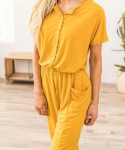 Shop Basic USA Mustard Short Sleeve Jumpsuit With Pockets