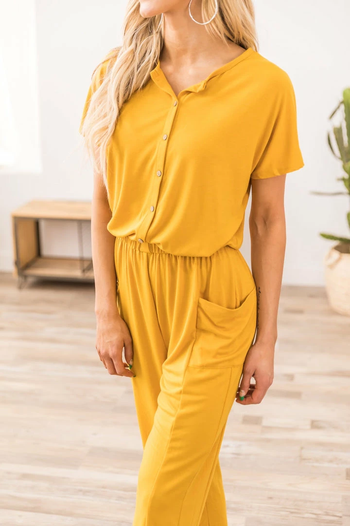 Shop Basic USA Mustard Short Sleeve Jumpsuit With Pockets 4 Shop Basic USA Mustard Short Sleeve Jumpsuit With Pockets