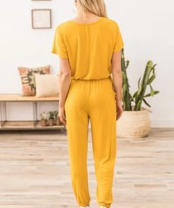 Shop Basic USA Mustard Short Sleeve Jumpsuit With Pockets 8 Shop Basic USA Mustard Short Sleeve Jumpsuit With Pockets