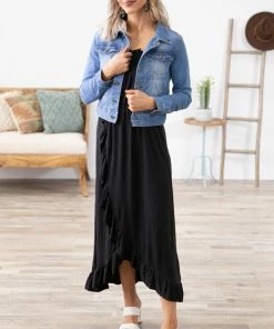 Shop Basic USA Dresses Black Ruffle Trim Knit Maxi Dress