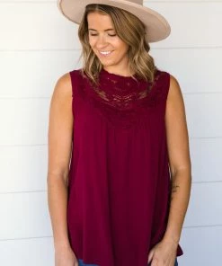 Davi & Dani Tops Wine Crochet Lace Bodice Tank
