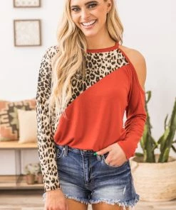 Shop Basic Red Animal Print Colorblock Top With Cutout