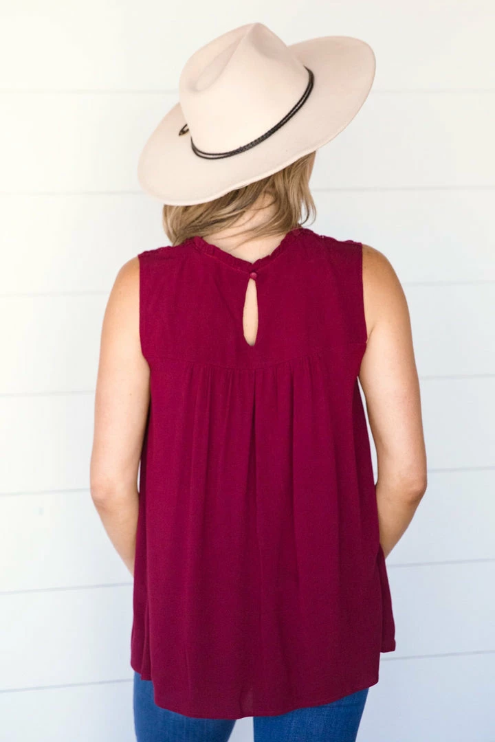 Davi & Dani Tops Wine Crochet Lace Bodice Tank 5 Davi & Dani Tops Wine Crochet Lace Bodice Tank