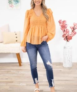 Hailey And Co Peach Smocked Bodice Swiss Dot Long Sleeve Top