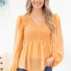 Hailey And Co Peach Smocked Bodice Swiss Dot Long Sleeve Top