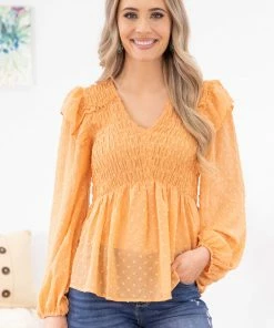 Hailey And Co Peach Smocked Bodice Swiss Dot Long Sleeve Top