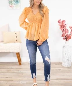 Hailey And Co Peach Smocked Bodice Swiss Dot Long Sleeve Top